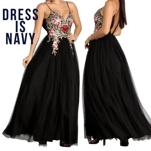 Blondie Nites Navy Gold Embroidered V-Neck V-Back Formal Dress Ball Gown Size 9 - Picture 2 of 16